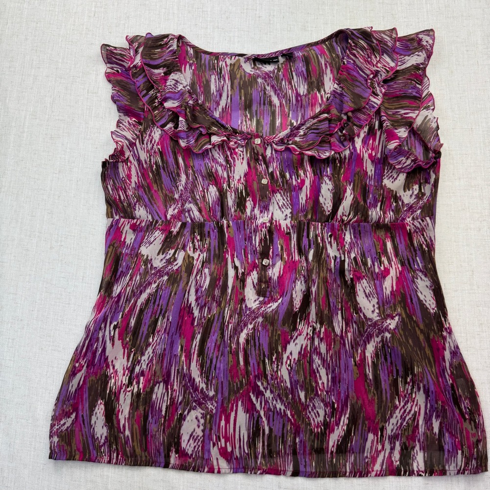 a.n.a Ruffle Blouse Womens LG Purple Pink Abstract Sleeveless Boho Top Colorful